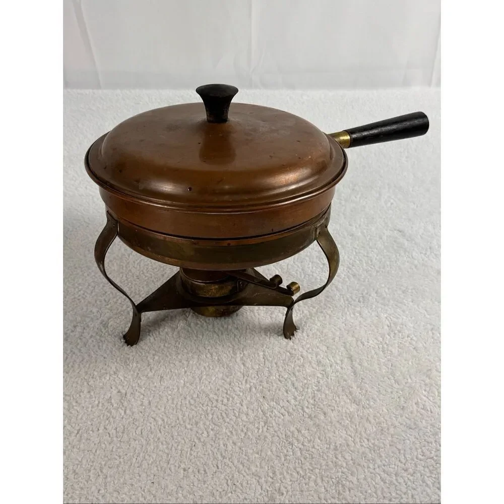 Vintage Copper and Brass Chafing Dish - Metal Stand/Wooden Handle